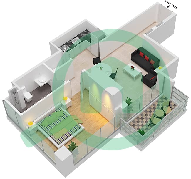 半岛一号综合公寓 - 1 卧室公寓类型／单位TD-4戶型图 interactive3D