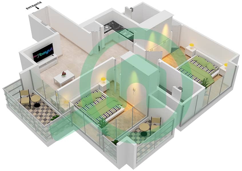 半岛一号综合公寓 - 2 卧室公寓类型／单位TH-8戶型图 interactive3D