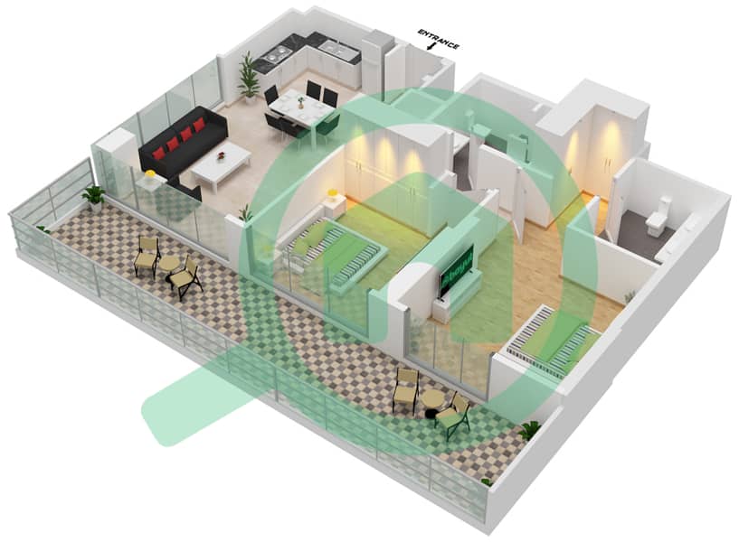 高尔夫套房公寓大楼 - 2 卧室公寓单位110戶型图 FLOOR 1 interactive3D