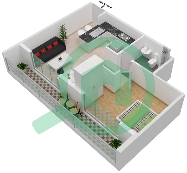 المخططات الطابقية لتصميم النموذج 3 شقة 1 غرفة نوم - كابا اكا 3 interactive3D