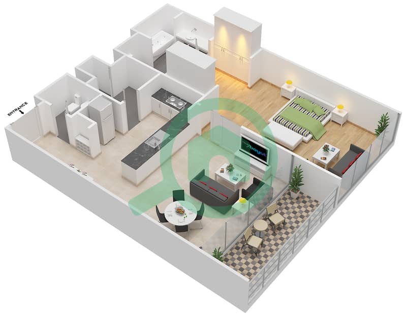 Al Maha 1 - 1 Bedroom Apartment Type 1A Floor plan interactive3D