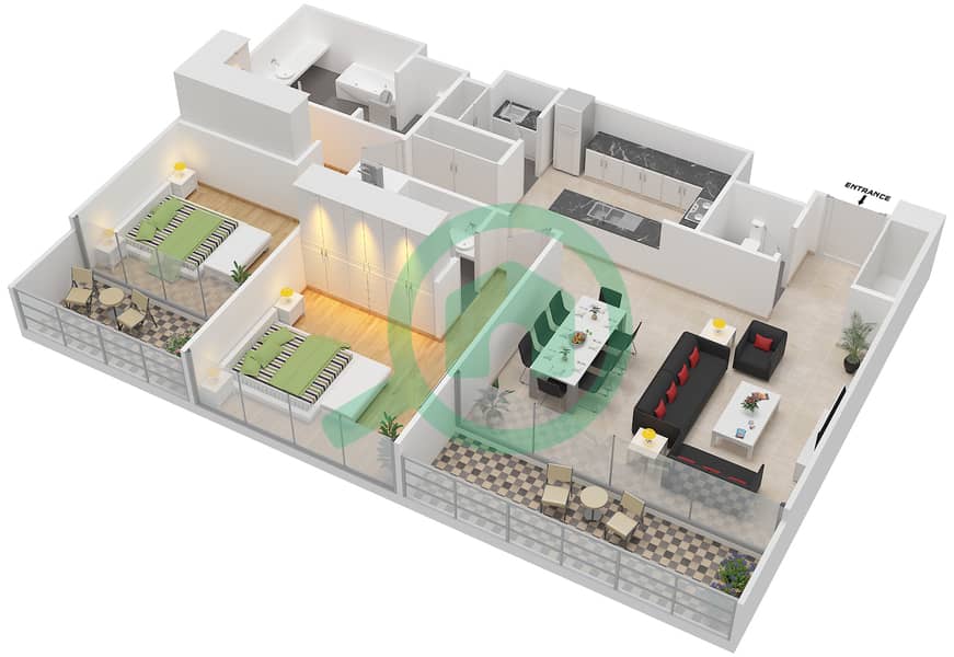 المخططات الطابقية لتصميم النموذج 2A شقة 2 غرفة نوم - المها 1 interactive3D