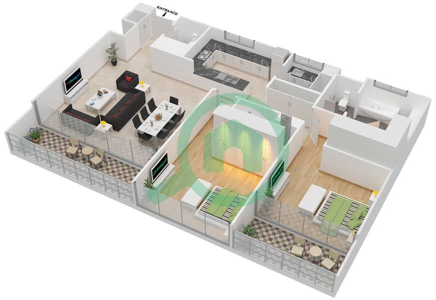 المخططات الطابقية لتصميم النموذج 2B شقة 2 غرفة نوم - المها 1 interactive3D