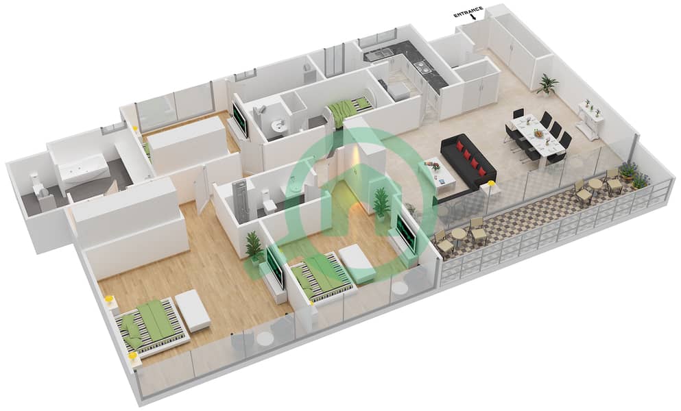 阿尔马哈1区 - 3 卧室公寓类型3D戶型图 interactive3D