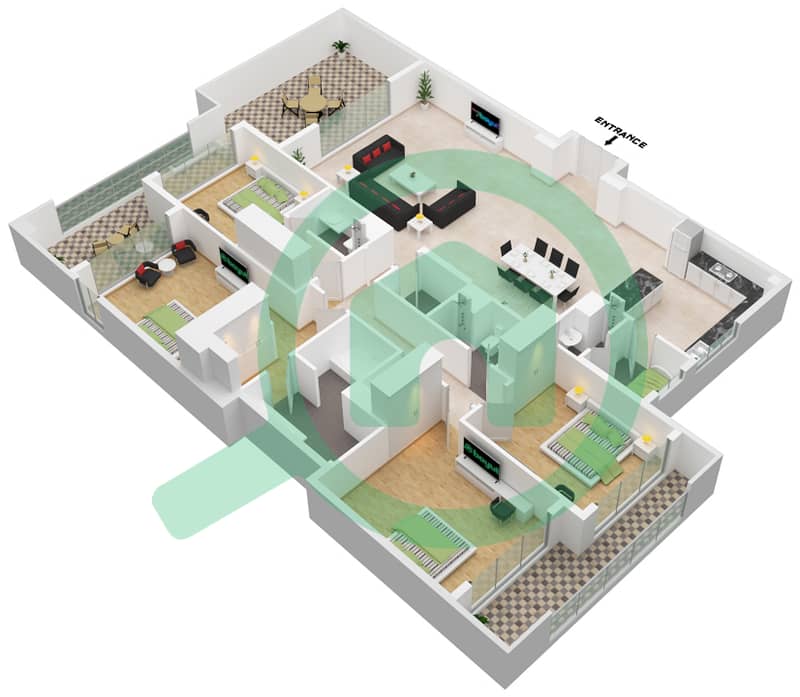 المخططات الطابقية لتصميم النموذج B شقة 4 غرف نوم - برج الأندلس C interactive3D