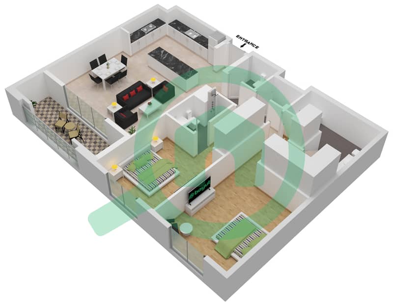 المخططات الطابقية لتصميم النموذج A شقة 2 غرفة نوم - برج الأندلس C interactive3D