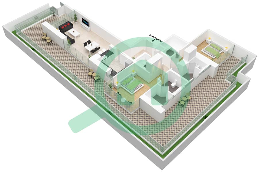 المخططات الطابقية لتصميم الوحدة 1 شقة 2 غرفة نوم - أنوا Floor 1 interactive3D
