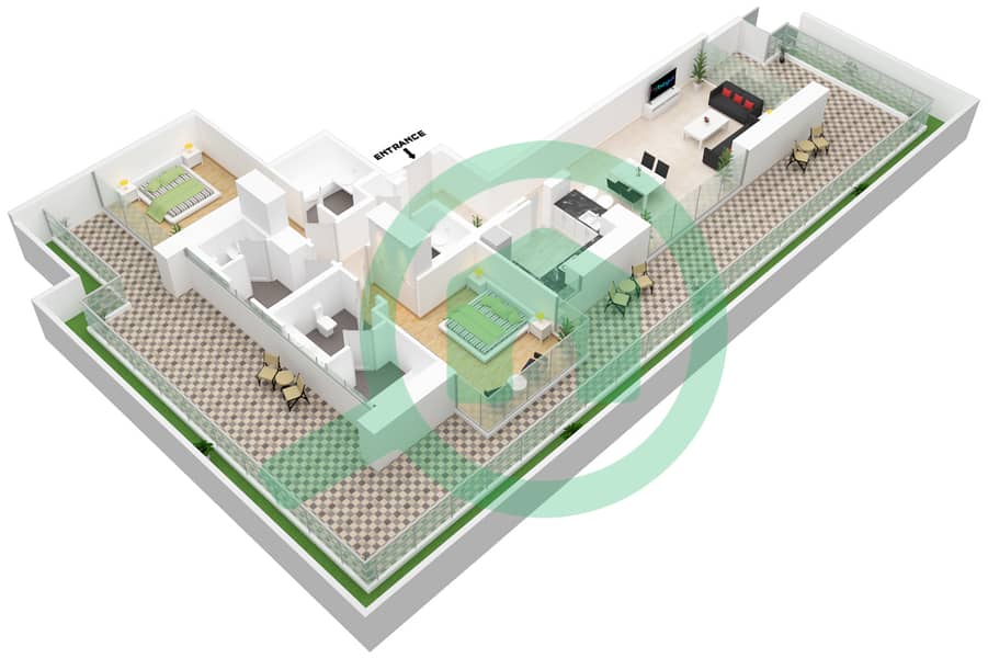 المخططات الطابقية لتصميم الوحدة 6 شقة 2 غرفة نوم - أنوا Floor 1 interactive3D