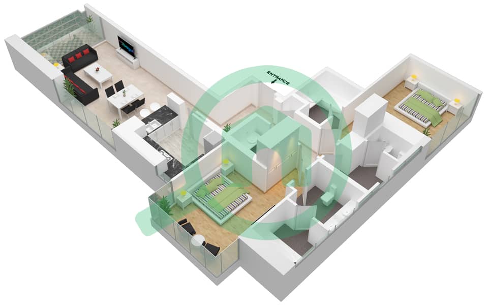安华公寓 - 2 卧室公寓单位01戶型图 Floor 2,3,6,14,19,26,31-37,41-43 interactive3D