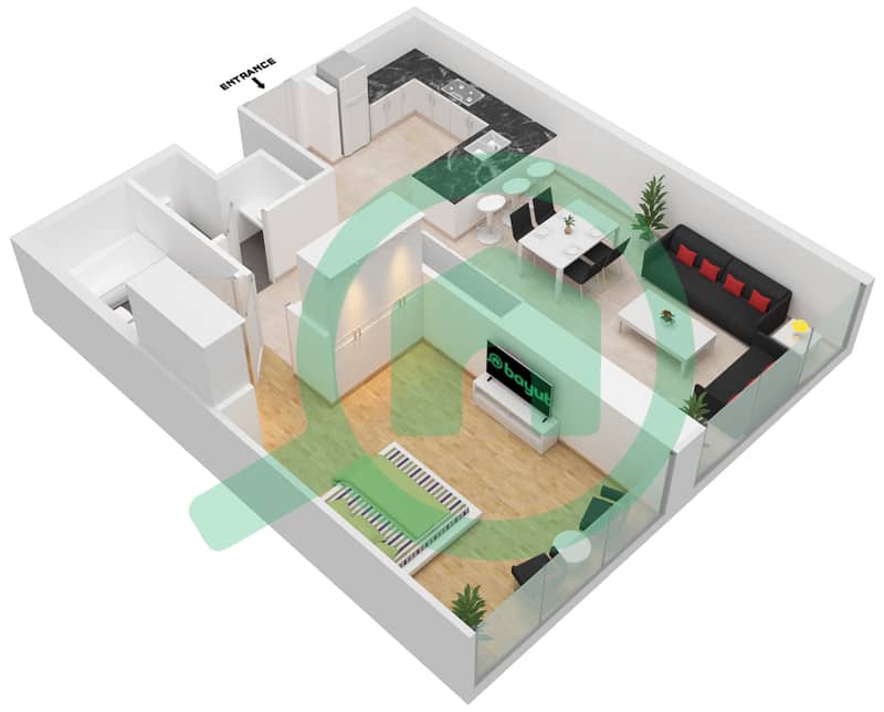 المخططات الطابقية لتصميم الوحدة 2 شقة 1 غرفة نوم - أنوا interactive3D