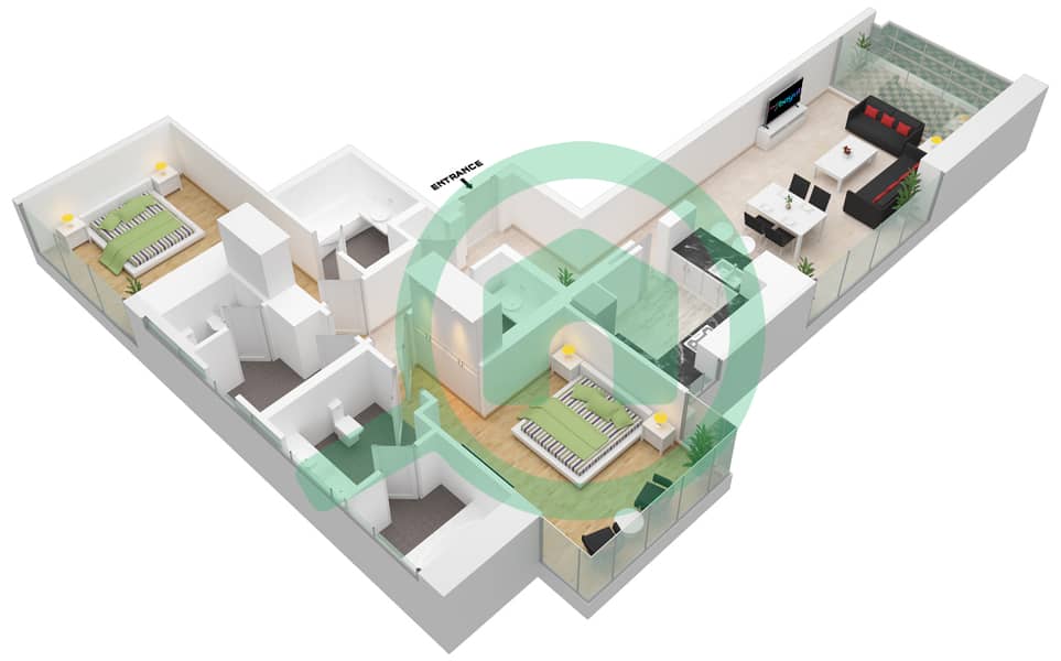 المخططات الطابقية لتصميم الوحدة 06 شقة 2 غرفة نوم - أنوا Floor 2,3,8,19 interactive3D