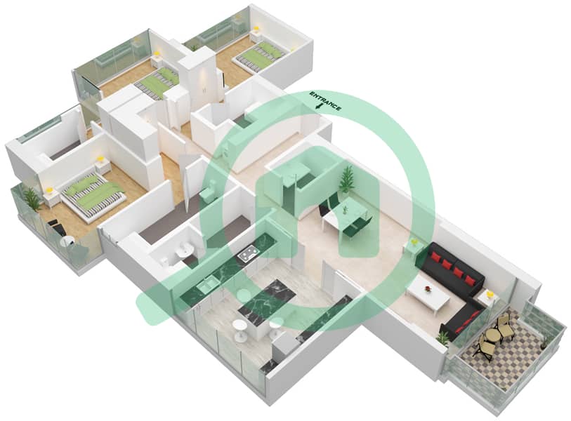 المخططات الطابقية لتصميم الوحدة 5 شقة 3 غرف نوم - أنوا Floor 23,31,33,35,37,41,43 interactive3D