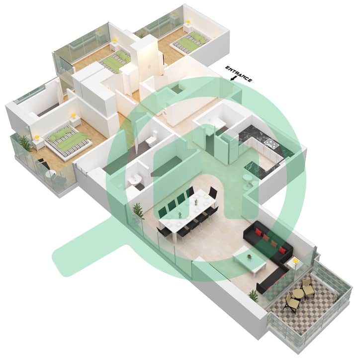 المخططات الطابقية لتصميم الوحدة 005 شقة 3 غرف نوم - أنوا Floor 24,32,36,40,42 interactive3D