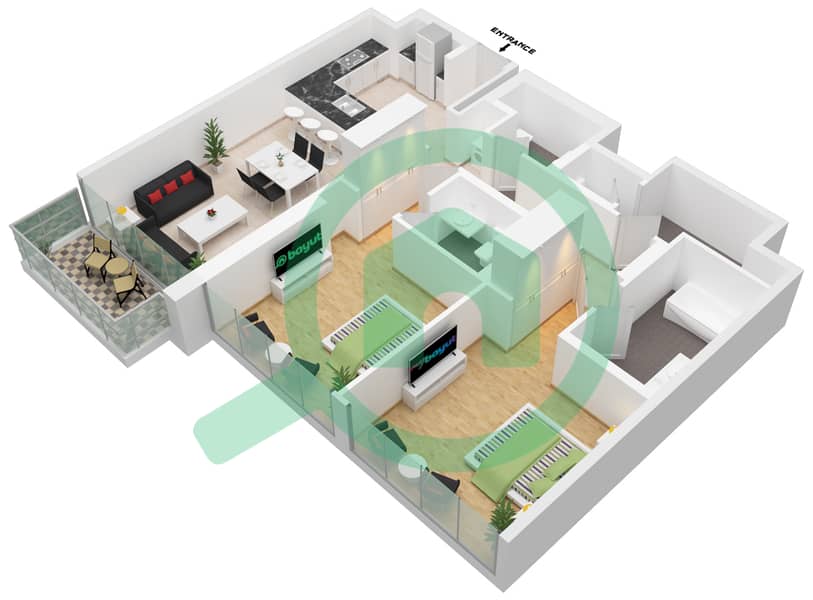 المخططات الطابقية لتصميم الوحدة 03 شقة 2 غرفة نوم - أنوا Floor 26,32,34,36,40,42 interactive3D