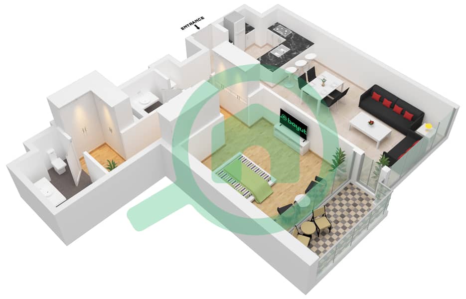 المخططات الطابقية لتصميم الوحدة 00003 شقة 1 غرفة نوم - أنوا Floor 29,41,43 interactive3D