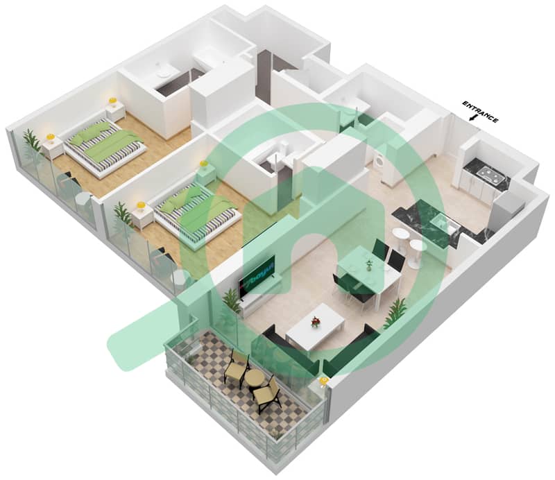 安华公寓 - 2 卧室公寓单位04戶型图 Floor 32,34,36,42 interactive3D