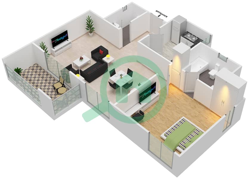 المخططات الطابقية لتصميم النموذج A-1 شقة 1 غرفة نوم - الرمث 47 interactive3D