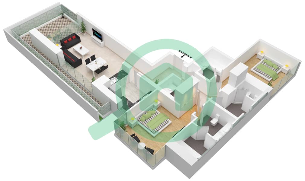 المخططات الطابقية لتصميم الوحدة .1 شقة 2 غرفة نوم - أنوا Floor 40 interactive3D