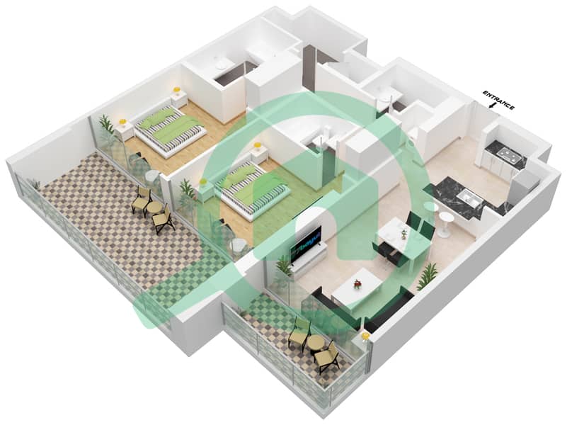 المخططات الطابقية لتصميم الوحدة ,4 شقة 2 غرفة نوم - أنوا Floor 40 interactive3D