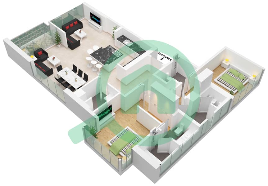 Анва - Апартамент 2 Cпальни планировка Единица измерения ,1 Floor 44 interactive3D