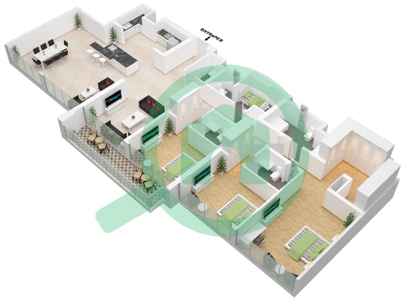المخططات الطابقية لتصميم الوحدة ,2 شقة 3 غرف نوم - أنوا Floor 44 interactive3D