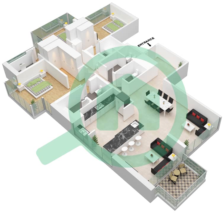 المخططات الطابقية لتصميم الوحدة ,3 شقة 3 غرف نوم - أنوا Floor 44 interactive3D