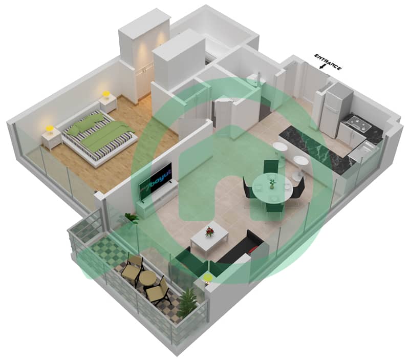 Residences 16 - 1 Bedroom Apartment Unit 1-4,8-12 Floor plan Floor 1-8 interactive3D