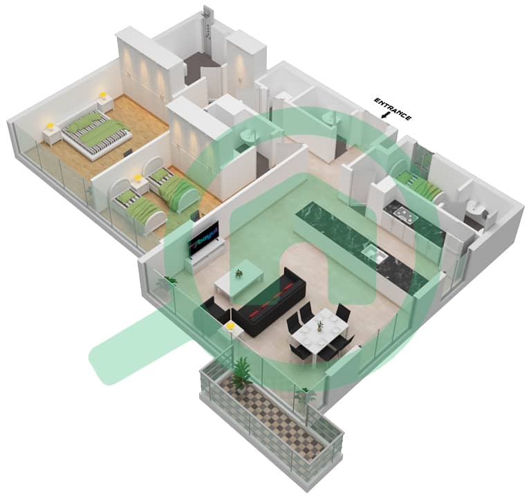 Residences 16 - 2 Bedroom Apartment Unit 7 Floor plan Floor 1-8 interactive3D