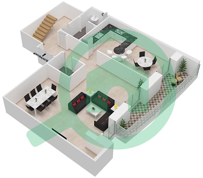 المخططات الطابقية لتصميم الوحدة 7304 بنتهاوس 3 غرف نوم - برج الأميرة Ground Floor interactive3D
