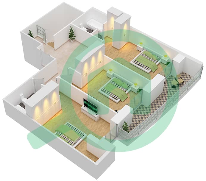 المخططات الطابقية لتصميم الوحدة 7304 بنتهاوس 3 غرف نوم - برج الأميرة First Floor interactive3D