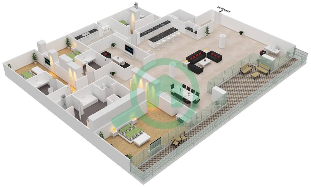 المخططات الطابقية لتصميم الوحدة 4-202 شقة 3 غرف نوم - قصر 4 Floor 2 interactive3D