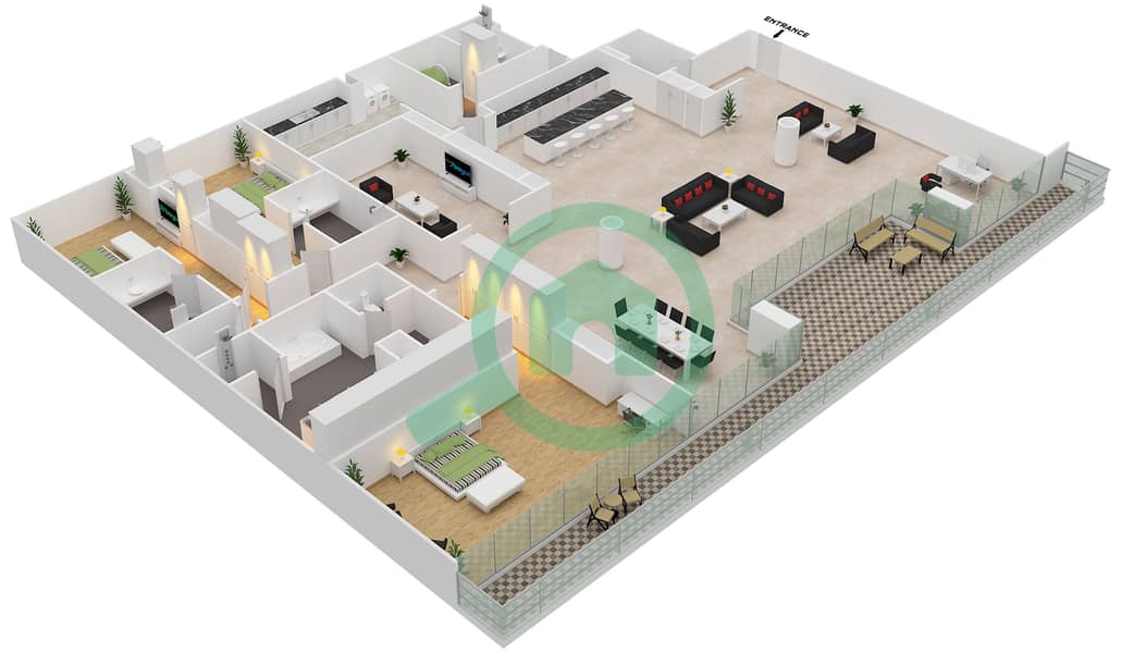 المخططات الطابقية لتصميم الوحدة 4-302 شقة 3 غرف نوم - قصر 4 Floor 3 interactive3D