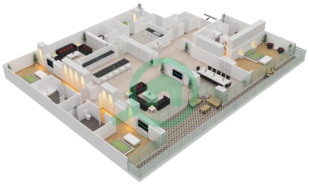 W Резиденс - Апартамент 3 Cпальни планировка Единица измерения 4-702 Floor 7 interactive3D