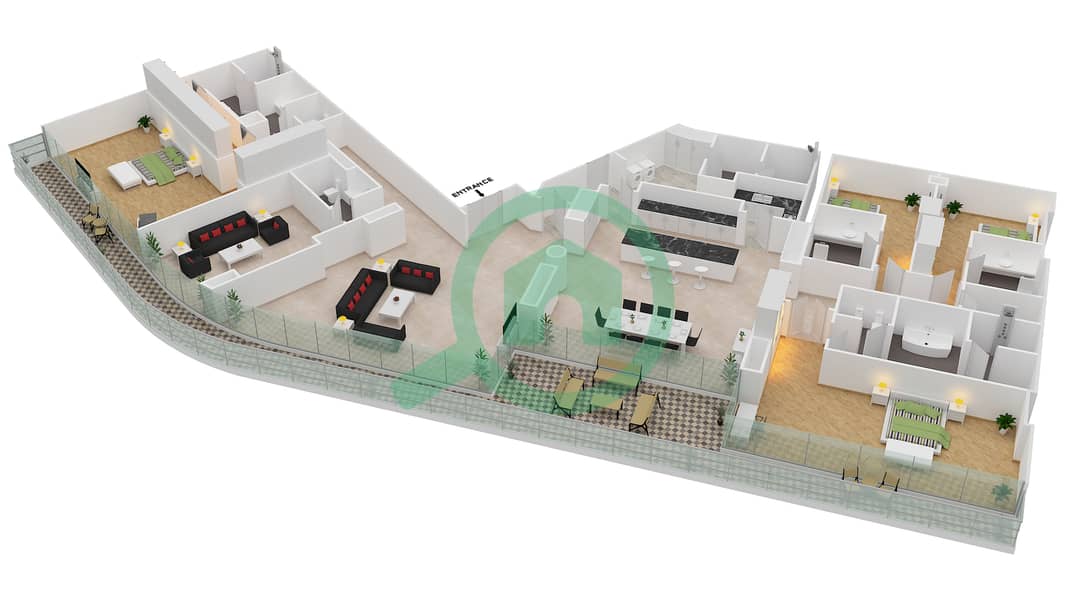 المخططات الطابقية لتصميم الوحدة 4-601 شقة 4 غرف نوم - قصر 4 Floor 6 interactive3D