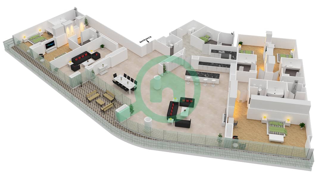 المخططات الطابقية لتصميم الوحدة 4-201 شقة 5 غرف نوم - قصر 4 Floor 2 interactive3D