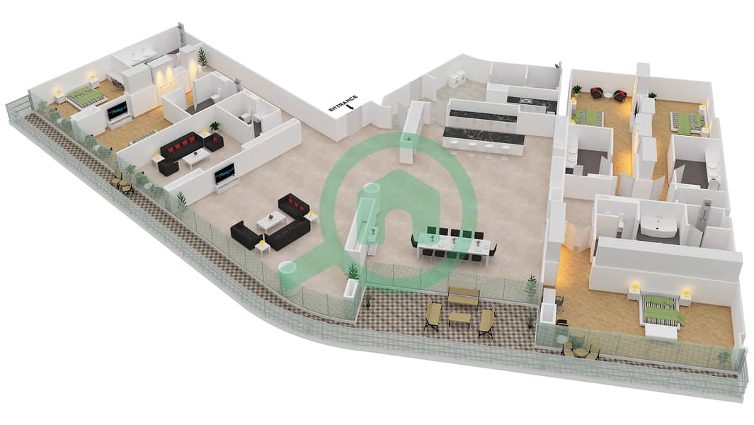 المخططات الطابقية لتصميم الوحدة 4-301 شقة 5 غرف نوم - قصر 4 Floor 3 interactive3D