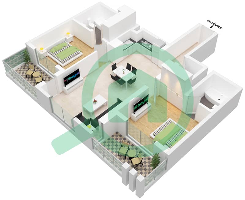 المخططات الطابقية لتصميم الوحدة 1 شقة 2 غرفة نوم - اديسون هاوس Floor 1-9 interactive3D