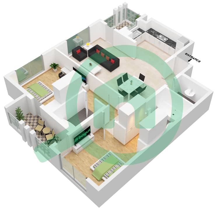 المخططات الطابقية لتصميم الوحدة 2 شقة 2 غرفة نوم - اديسون هاوس Floor 1-9 interactive3D