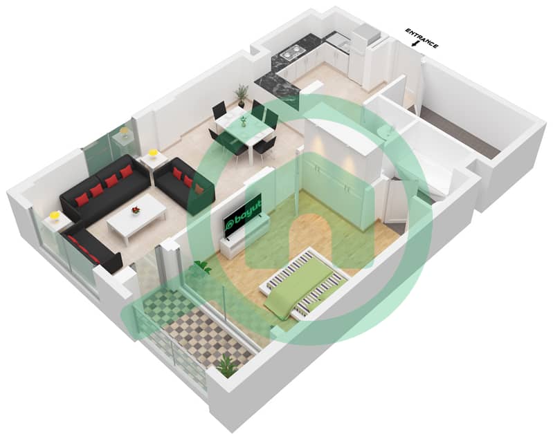 Tower 2 - 1 Bedroom Apartment Type B Floor plan interactive3D
