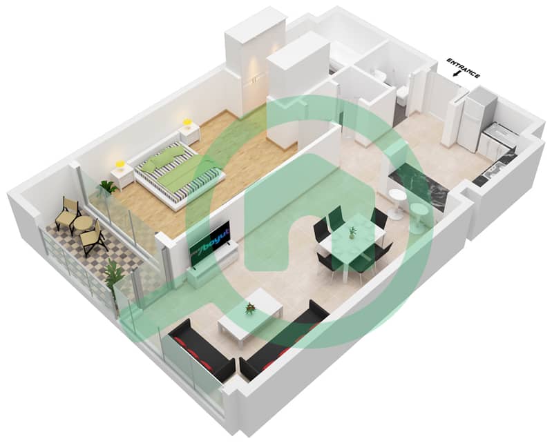 2号大厦 - 1 卧室公寓类型A戶型图 interactive3D