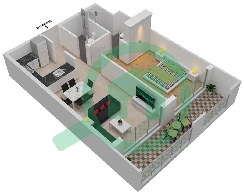 Гардения Ливингс - Апартамент 1 Спальня планировка Единица измерения 09 interactive3D