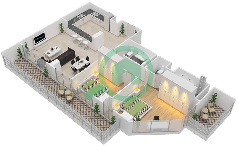 المخططات الطابقية لتصميم النموذج I شقة 2 غرفة نوم - الهديل interactive3D