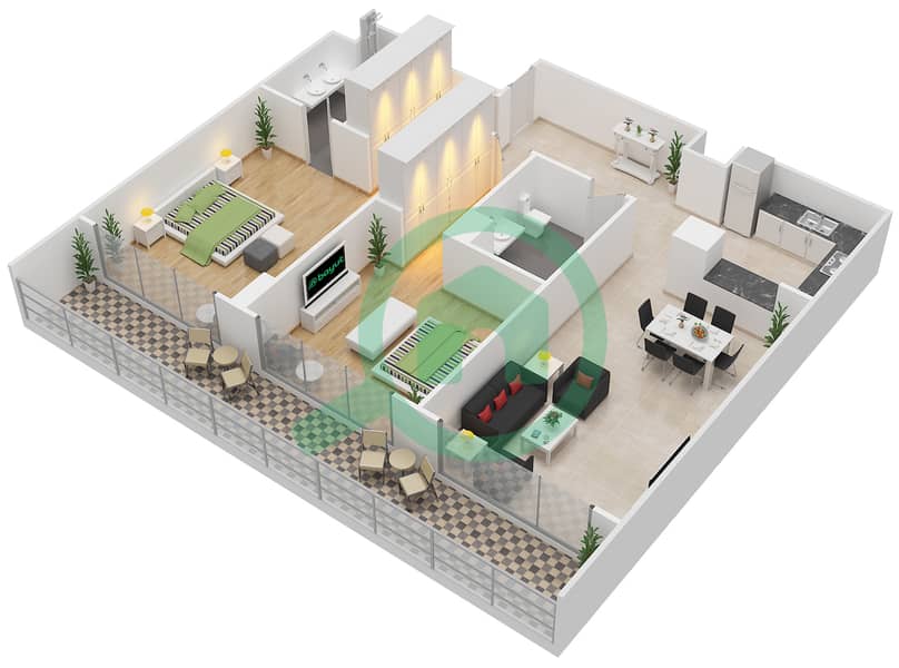 المخططات الطابقية لتصميم النموذج J شقة 2 غرفة نوم - الهديل interactive3D