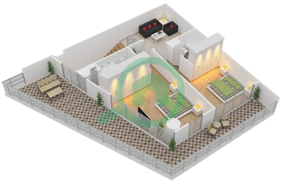 المخططات الطابقية لتصميم الوحدة TH7,TH8-F تاون هاوس 3 غرف نوم - الهديل First Floor interactive3D