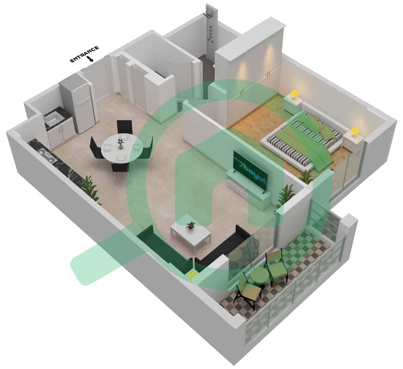 المخططات الطابقية لتصميم النموذج 1B شقة 1 غرفة نوم - برج لا ريف 2 Floor 1 interactive3D