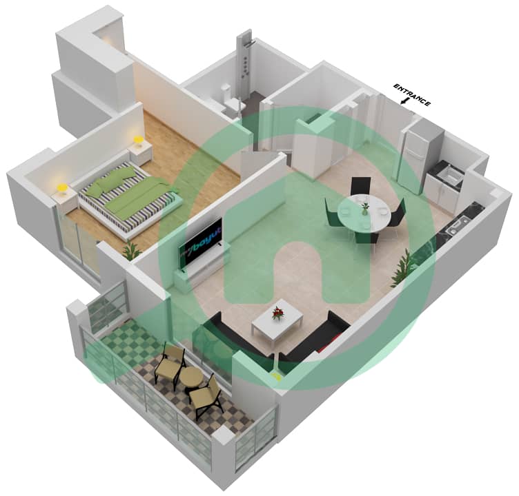 المخططات الطابقية لتصميم النموذج 3 شقة 1 غرفة نوم - برج لا ريف 2 Floor 2-5 interactive3D