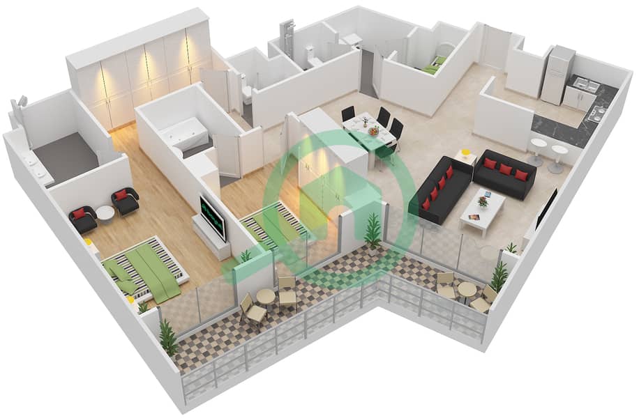 المخططات الطابقية لتصميم النموذج D شقة 2 غرفة نوم - الهديل interactive3D