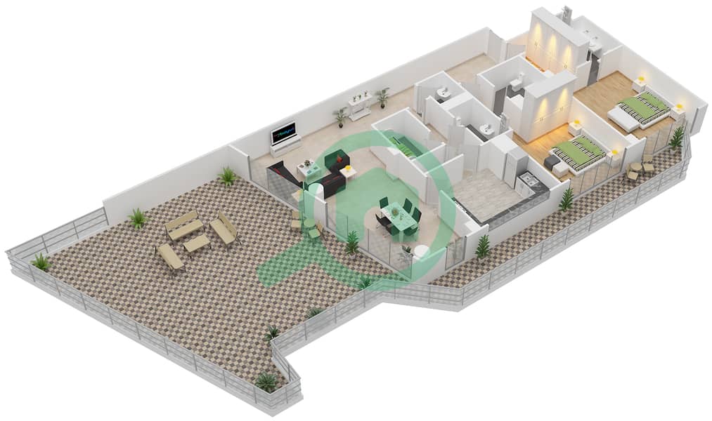 المخططات الطابقية لتصميم النموذج E شقة 2 غرفة نوم - الهديل interactive3D