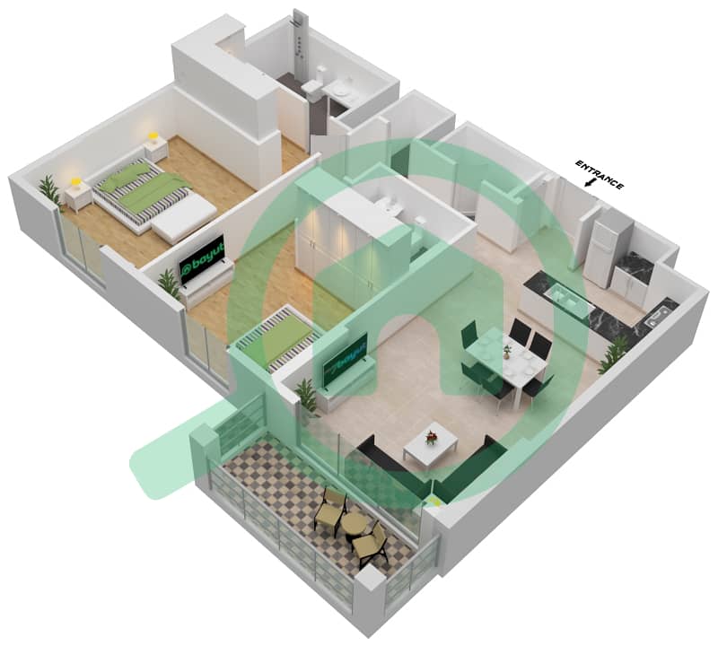 المخططات الطابقية لتصميم النموذج 1 شقة 2 غرفة نوم - برج لا ريف 2 Floor 1-5 interactive3D