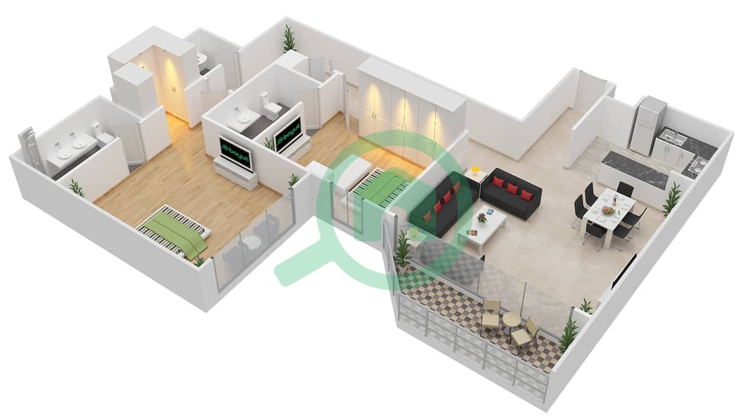 المخططات الطابقية لتصميم النموذج B شقة 2 غرفة نوم - الهديل interactive3D